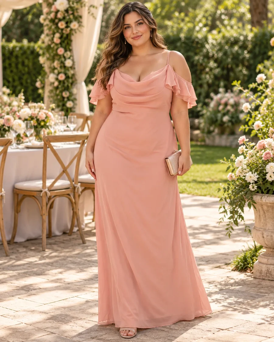 Vestido Largo de Fiesta Rosa Durazno con Manguitas – Elegancia y Delicadeza