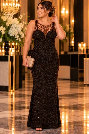 Vestido de Gala Negro con Pedrería Bronce y Espalda Descubierta