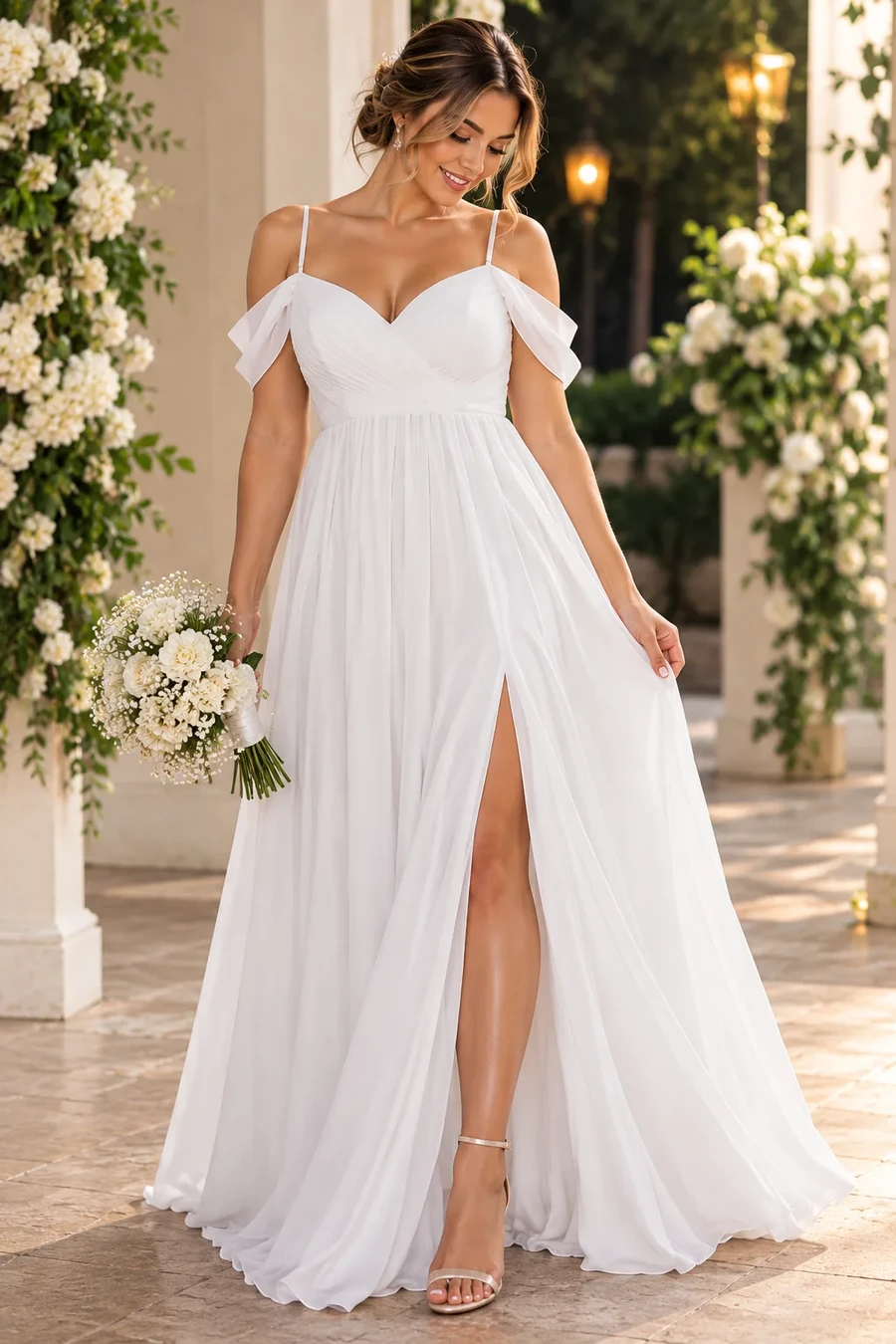 Vestido de Gala Blanco con Espalda Ajustable y Falda Larga.