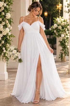 Vestido de Gala Blanco con Espalda Ajustable y Falda Larga.