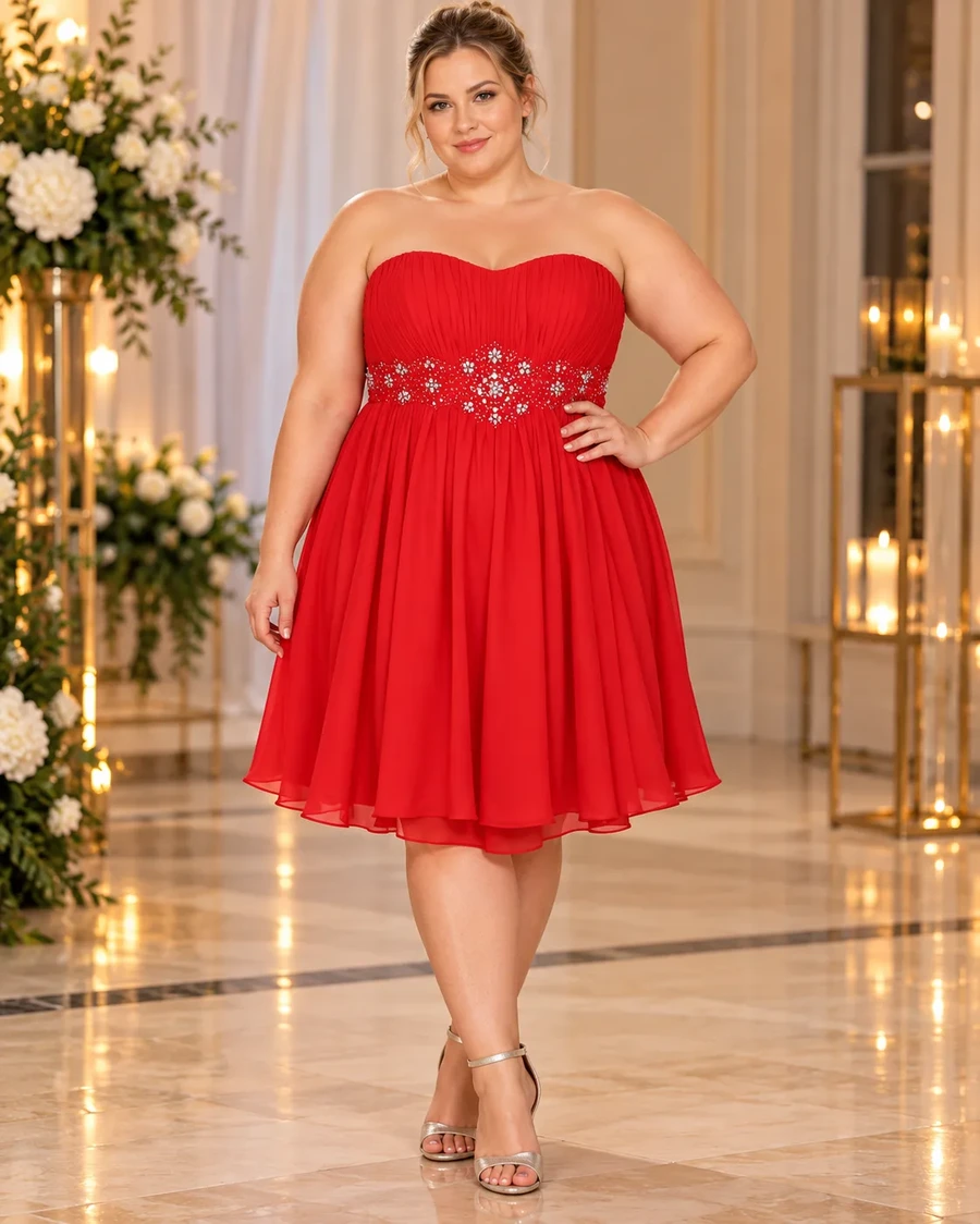 Vestido de Gala Rojo Strapless con Pedrería.