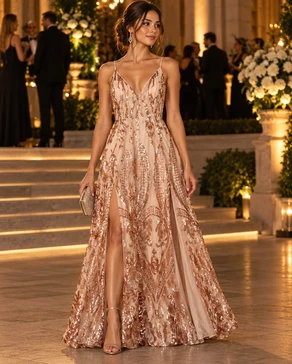 Vestido de gala nude con lentejuelas cobrizas